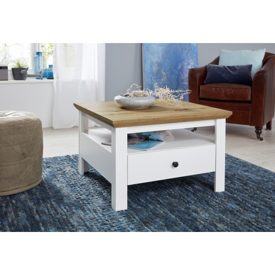 INOSIGN Salontafel Ulm Woonkamertafel in wit/eiken met afgeschuind bovenblad - 70/70 cm afbeelding 1