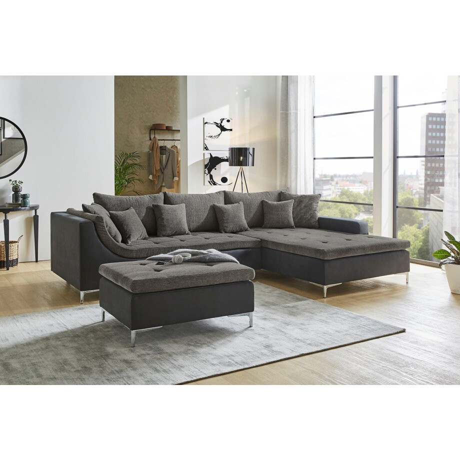 Jockenhöfer Gruppe Hoekbank Monte Carlo L-vorm met comfortabele golfvering Ottoman kan rechts of links worden gemonteerd, incl. 9 kussens afbeelding 1