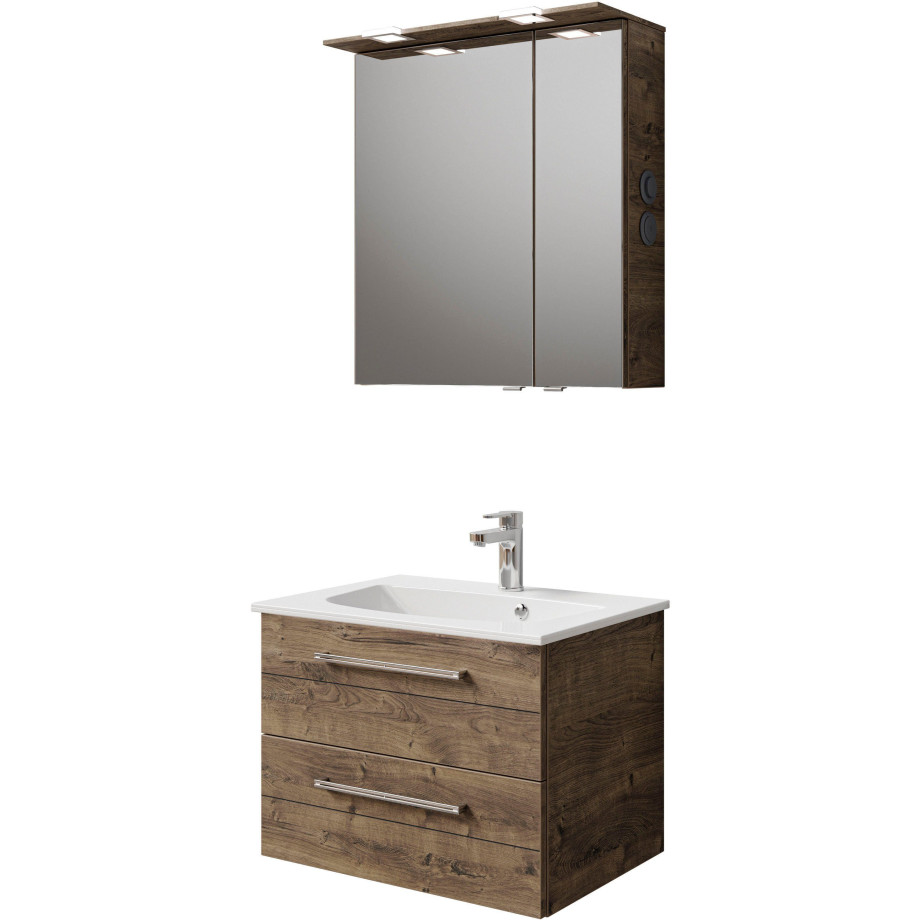 Saphir Badkamerserie Serie 6025 2-delig, mineraalmarmeren wastafel met led-spiegelkast Wastafelmeubel 67 cm breed, 2 laden, 2 spiegeldeuren, incl. deurdemper (2-delig) afbeelding 1