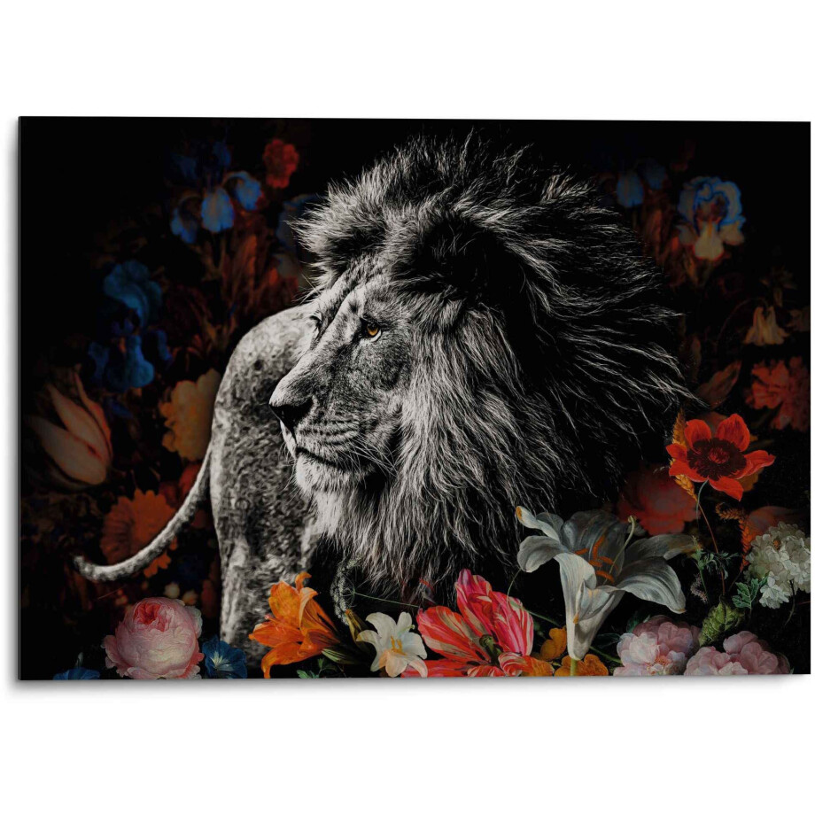 Reinders! Artprint Aluminium artprint leeuw in bloemen de Heem - krachtig - in vrolijke kleuren afbeelding 1
