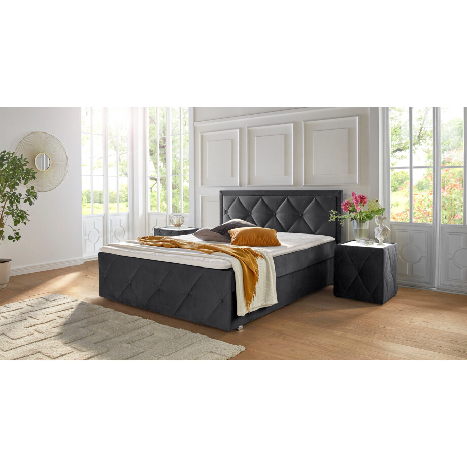 Leonique Boxspring Alfie, bestseller! Inclusief bedlade & topper Optioneel met knoopstiksels of strassstenen, H2, H3 en H4 verkrijgbaar afbeelding 1