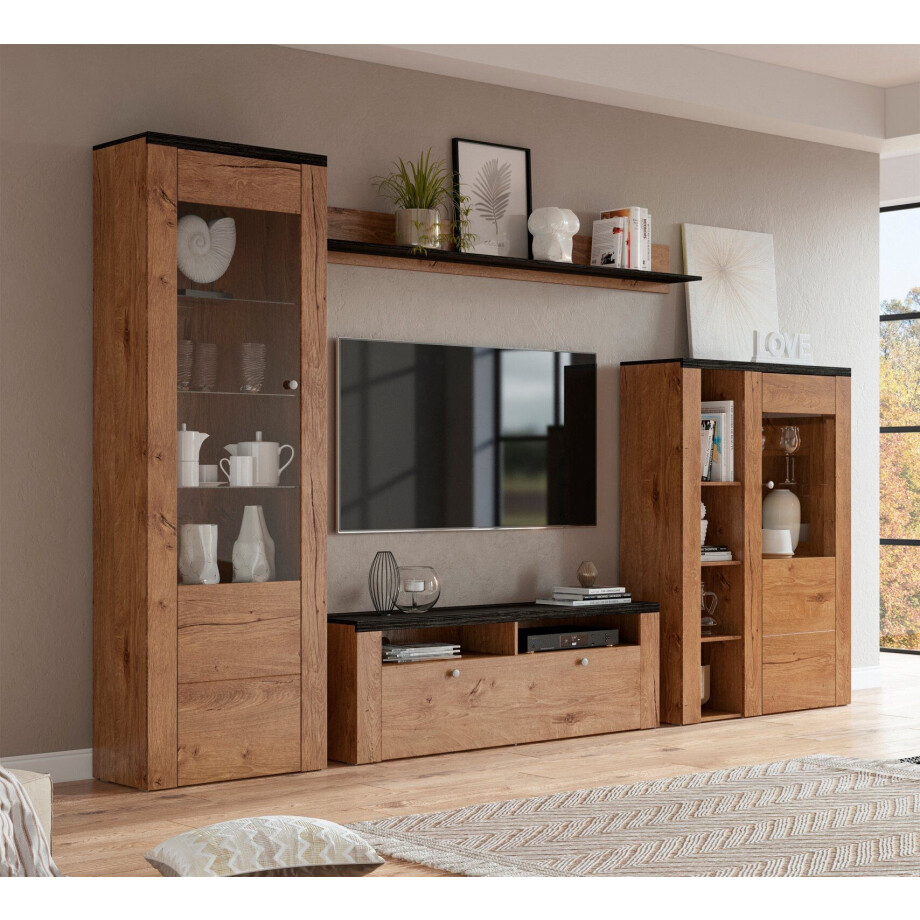 Home affaire Wandmeubel Larona, aanbouwwand, set van 4 delen bestaande uit 1 tv-board, 1 highboard, 1 vitrine, 1 wandplank (set, 4 stuks) afbeelding 1