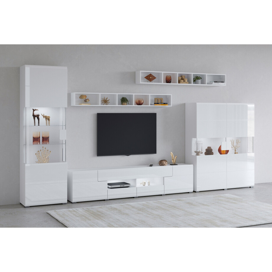 INOSIGN Wandmeubel Toledo, breedte 391cm stijlvolle mediawand zonder verlichting Opbouwwand (vitrine, lowboard, highboard, 2x hangplank) MDF hoogglans fronten (set, 5 stuks) afbeelding 1