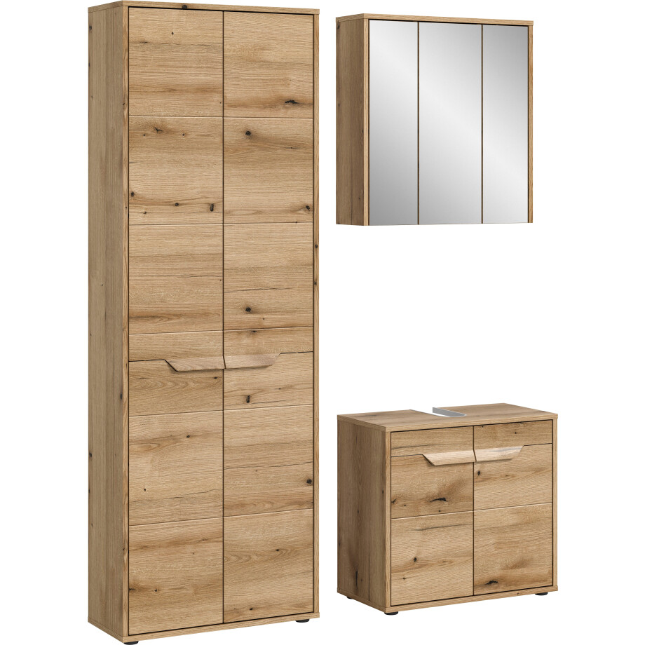 welltime Badmeubelset Kayu, bestaande uit: hoge kast, wastafelonderkast Spiegelschrank, hoogwaardige MDF front met groeffrasing, badkamer, badkamer set afbeelding 1