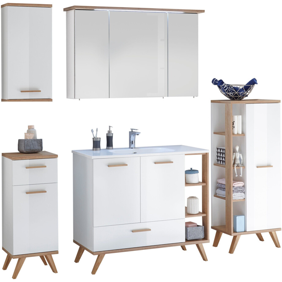 Saphir Badkamerserie Quickset mineraalmarmeren wastafel met led-spiegelkast Onderkast, hangend kastje, halfhoge kast, 8 deuren, 2 laden (6-delig) afbeelding 1