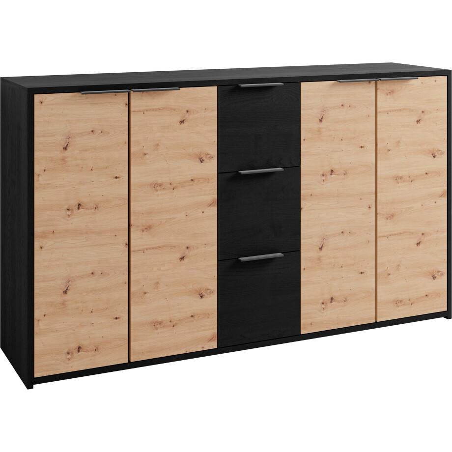 byLIVING Dressoir Rimini Melamine eiken zwart en artisan eiken, 3 lades, 4 deuren afbeelding 1