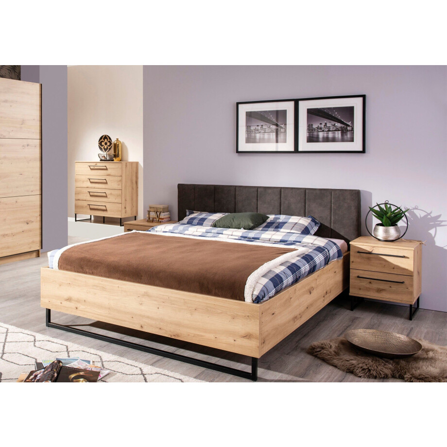INOSIGN Bedframe Sardinië, FSC-gecertificeerd houtmateriaal met gepolsterde hoofdeinde, metalen voet in schaatsvorm, 160 of 180x200 cm afbeelding 1