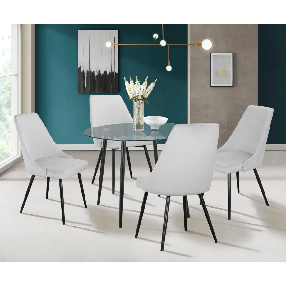 INOSIGN Eethoek Danny-Malio Glazen tafel 100x100 cm met 4 stoelen (velours stof), frame van metaal (set, 5-delig) afbeelding 1