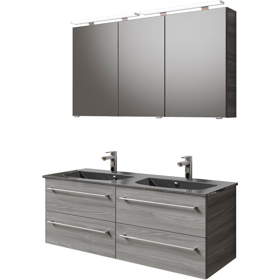 Saphir Badkamerserie Serie 6025 2-delig, mineraalmarmeren wastafel met led-spiegelkast Wastafelmeubel 132 cm breed, 4 laden, 2 spiegeldeuren, incl. deurdemper (2-delig) afbeelding 1