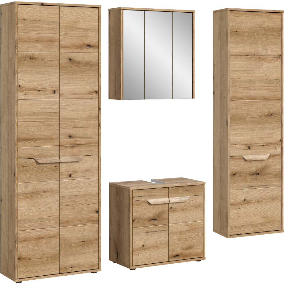 welltime Badmeubelset Kayu, bestaande uit: 2 hoge kasten, wastafelonderkast Spiegelschrank, hoogwaardige MDF front met groeffrasing, badkamer, badkamer set afbeelding 1