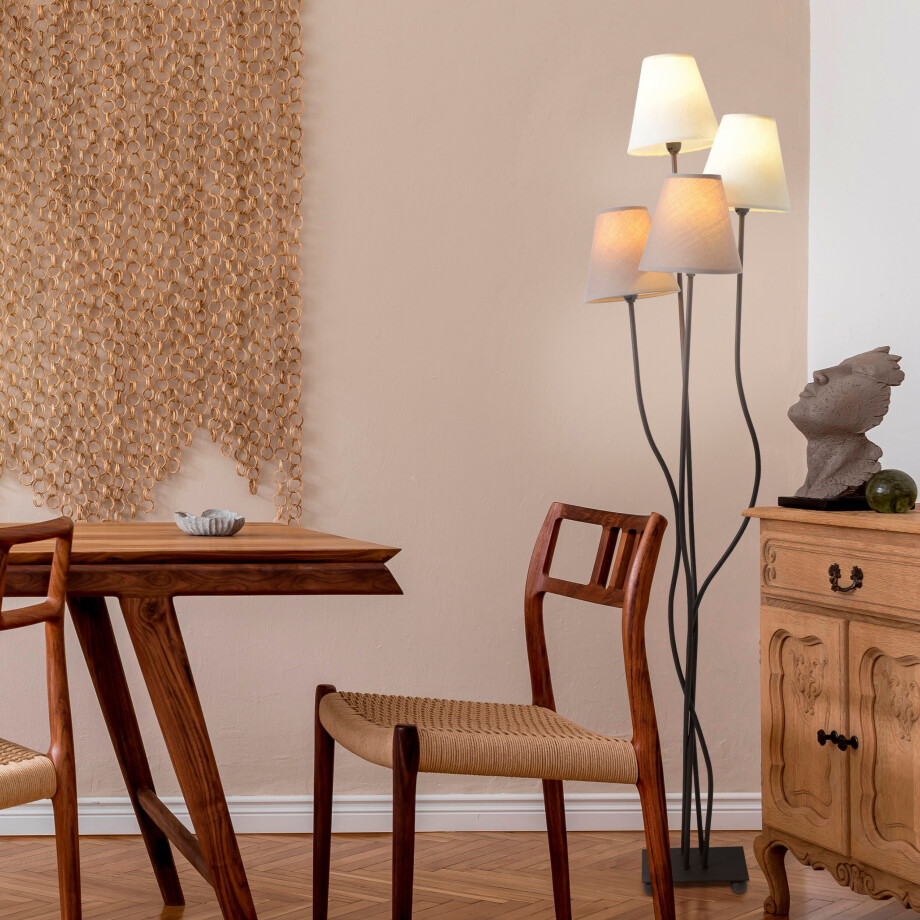 näve Staande lamp Boho 4-vlg., e14, textiel kappen 2x beige, 2x bruin, incl. voetenschakelaar (1 stuk) afbeelding 1