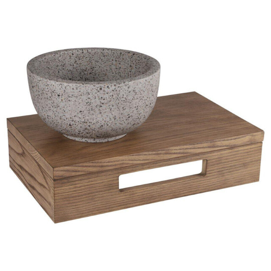 Differnz fonteinset - 40x21x10cm - Rechthoek - 0 kraangaten - grijs/grof terazzo waskom - Hout bruin eiken SW642467 / SW794604 afbeelding 1
