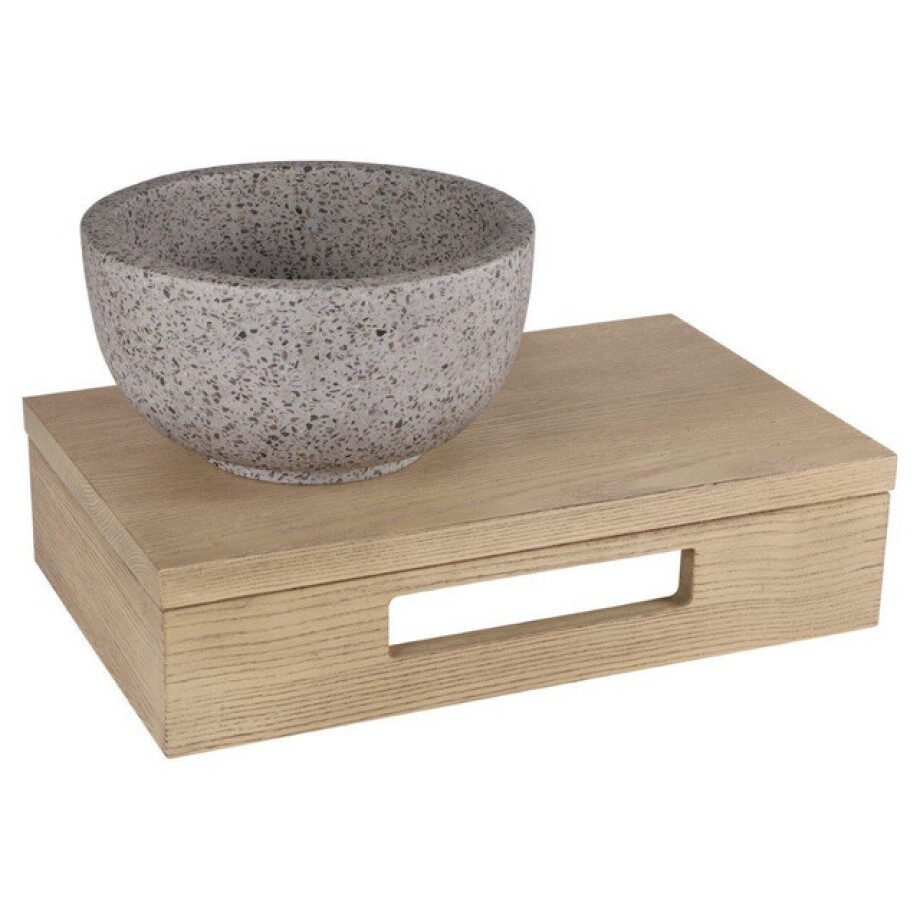 Differnz fonteinset - 40x21x10cm - Rechthoek - 0 kraangaten - grijs/grof terazzo waskom - Hout licht eiken SW642466 / SW794604 afbeelding 1