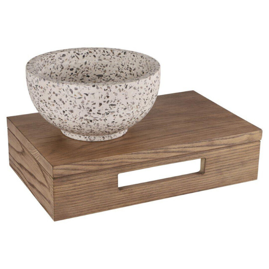 Differnz fonteinset - 40x25x10cm - Rechthoek - 0 kraangaten - zwart/wit terazzo waskom - Hout bruin eiken SW642467 / SW794594 afbeelding 1