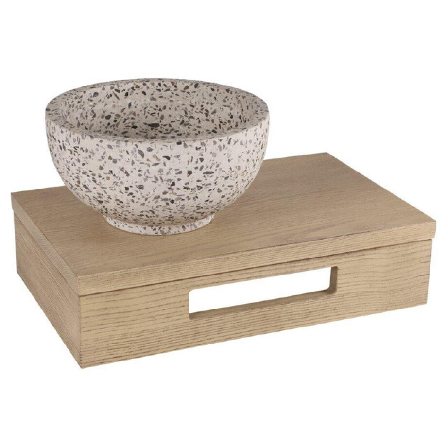 Differnz fonteinset - 40x25x10cm - Rechthoek - 0 kraangaten - zwart/wit terazzo waskom - Hout licht eiken SW642466 / SW794594 afbeelding 1