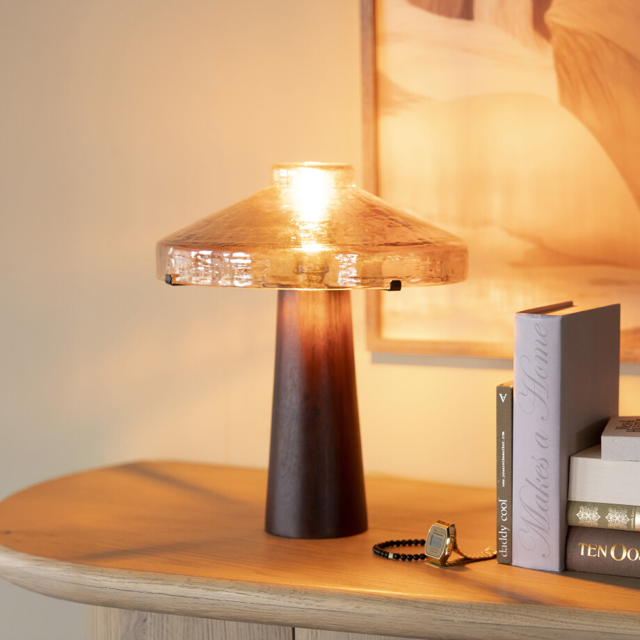 By-Boo Tafellamp 'Dome' Hout en glas, 35cm hoog afbeelding 1