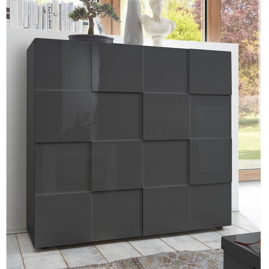 Dressoir Dama 111 cm hoog - hoogglans grijs afbeelding 1