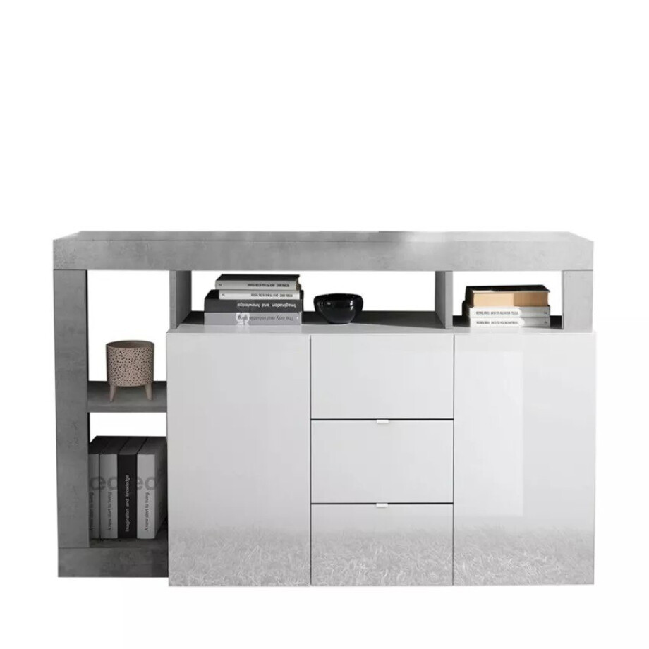 Dressoir Hamburg 146 cm breed 2 deurs 3 lade hoogglans wit met beton afbeelding 1