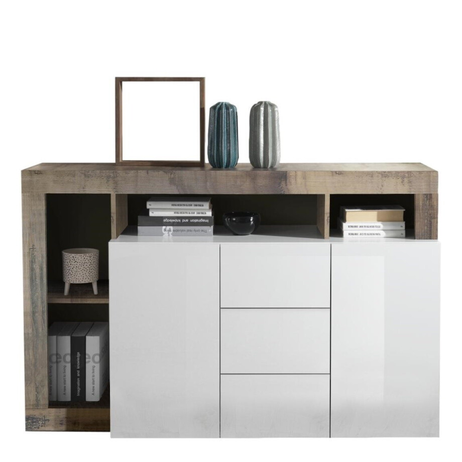 Dressoir Hamburg 146 cm breed 2 deurs 3 lade hoogglans wit met eiken Dressoir Hamburg 146 cm breed 2 deurs 3 lade hoogglans wit met eiken afbeelding 1