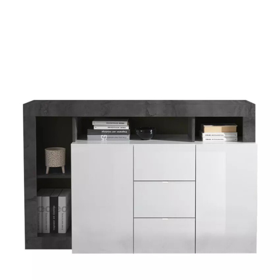 Dressoir Hamburg 146 cm breed 2 deurs 3 lade hoogglans wit met oxid afbeelding 1