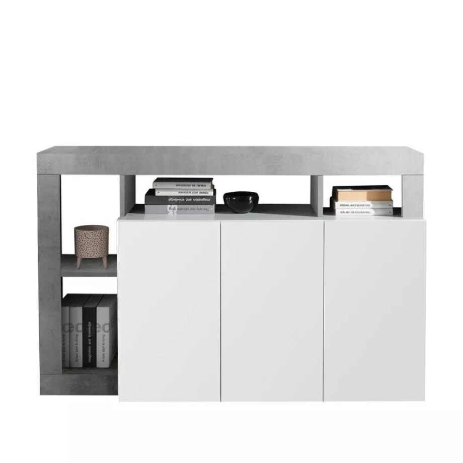 Dressoir Hamburg 146 cm breed 3 deurs hoogglans wit met beton Dressoir Hamburg 146 cm breed 3 deurs hoogglans wit met beton afbeelding 1