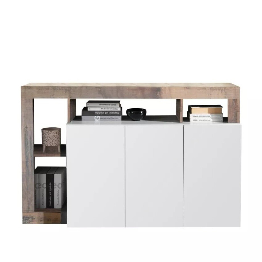 Dressoir Hamburg 146 cm breed 3 deurs hoogglans wit met eiken Dressoir Hamburg 146 cm breed 3 deurs hoogglans wit met eiken afbeelding 1