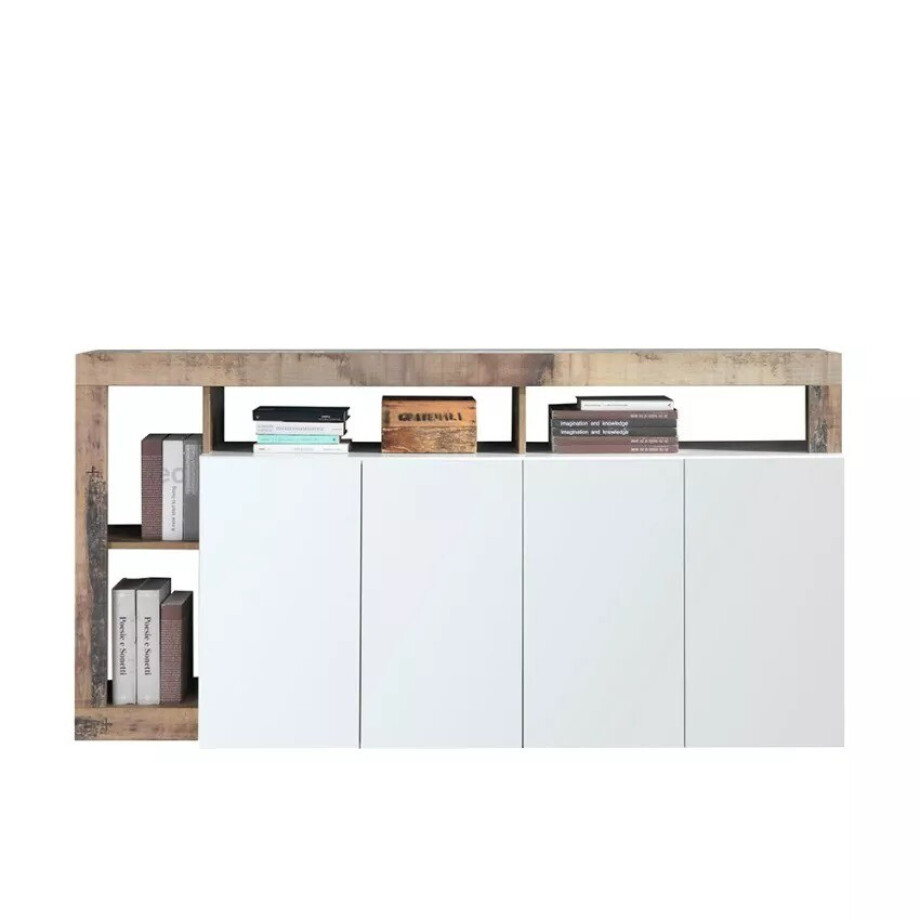 Dressoir Hamburg 184 cm breed hoogglans wit met eiken afbeelding 1