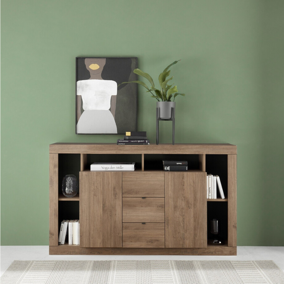 Dressoir Rimini 172 cm breed 2 deurs 3 lade mercure eiken afbeelding 1