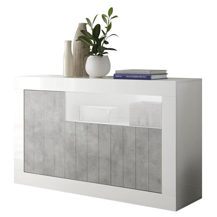 Dressoir Urbino 138 cm breed in hoogglans wit met grijs beton afbeelding 1