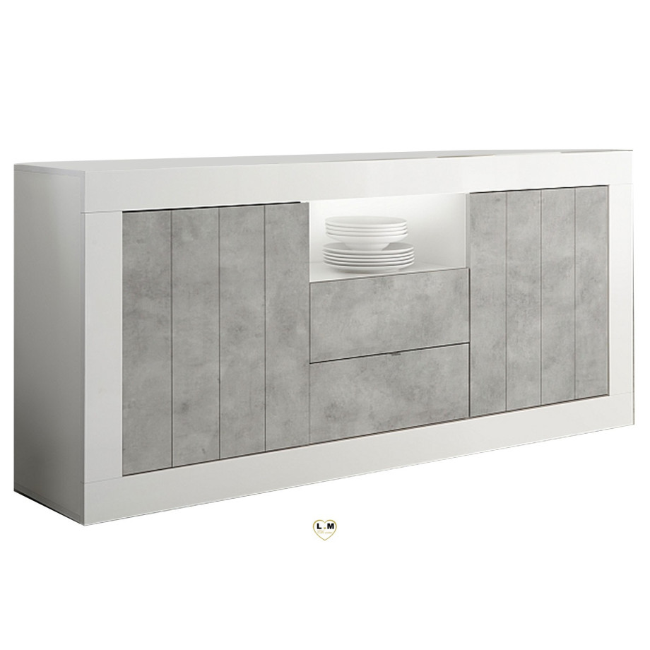 Dressoir Urbino 184 cm breed in hoogglans wit met grijs beton afbeelding 1