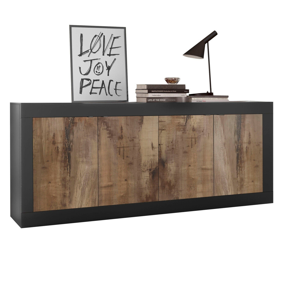 Dressoir Basic 206 cm breed zwart met eiken Dressoir Basic 206 cm breed zwart met eiken afbeelding 1
