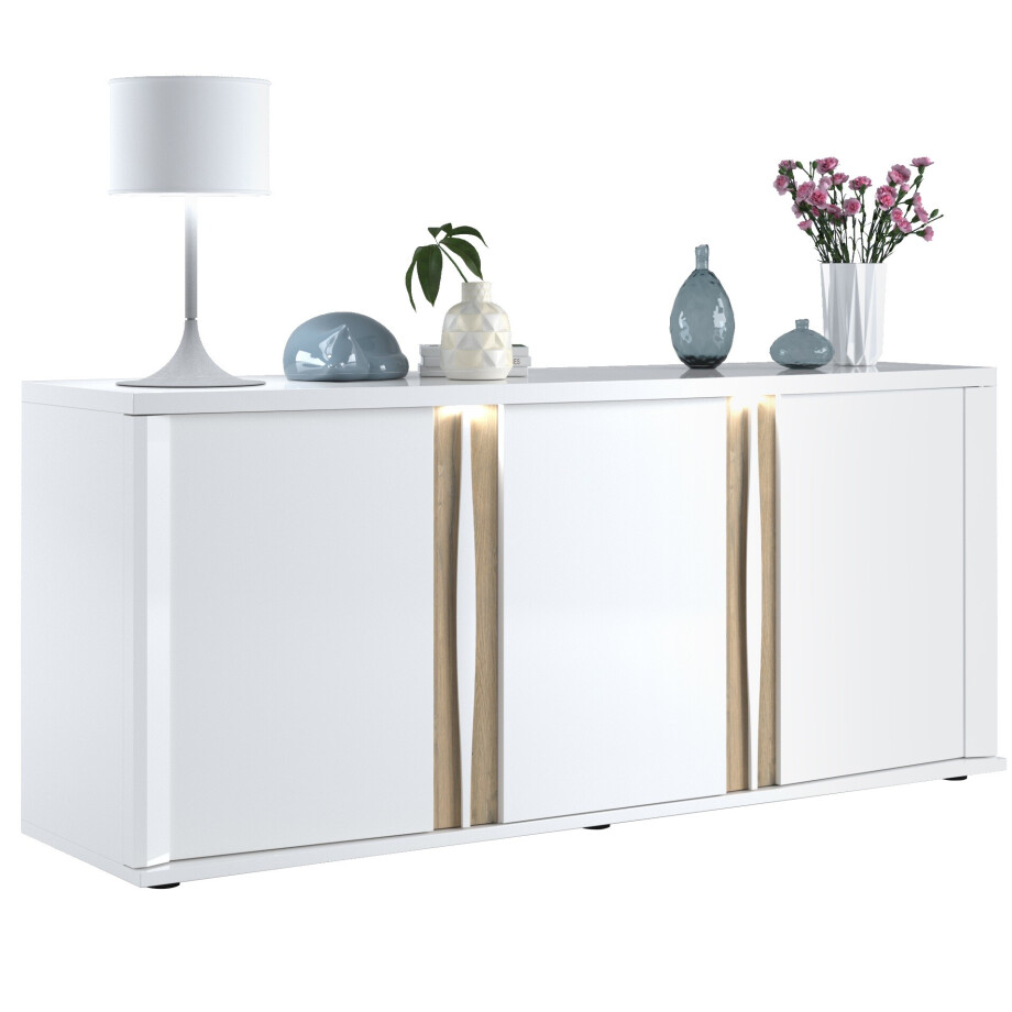 Dressoir Insta 200 Cm Breed hoogglans wit met eiken Dressoir Insta 200 Cm Breed hoogglans wit met eiken afbeelding 1