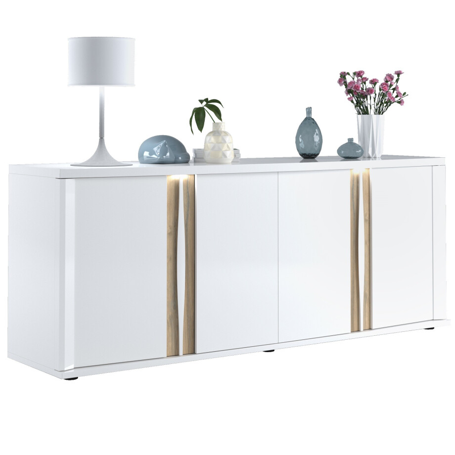 Dressoir Insta 220 Cm Breed hoogglans wit met eiken Dressoir Insta 220 Cm Breed hoogglans wit met eiken afbeelding 1