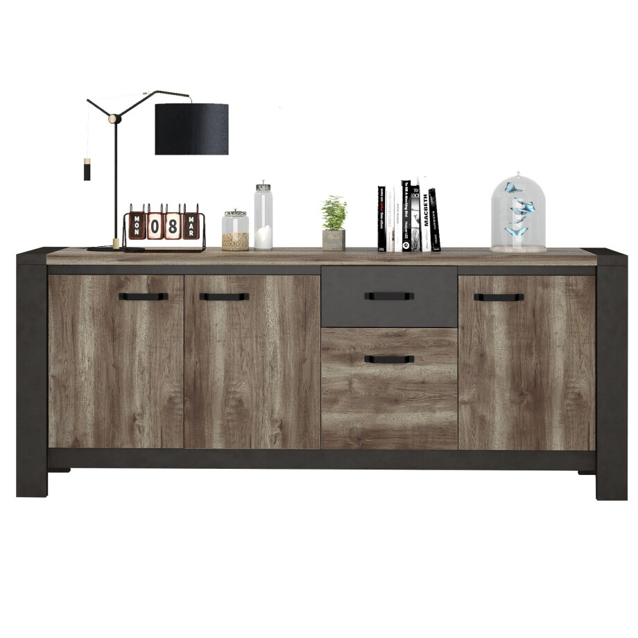 Dressoir Malt 224 cm breed oud eiken met antraciet Dressoir Malt 224 cm breed oud eiken met antraciet afbeelding 1