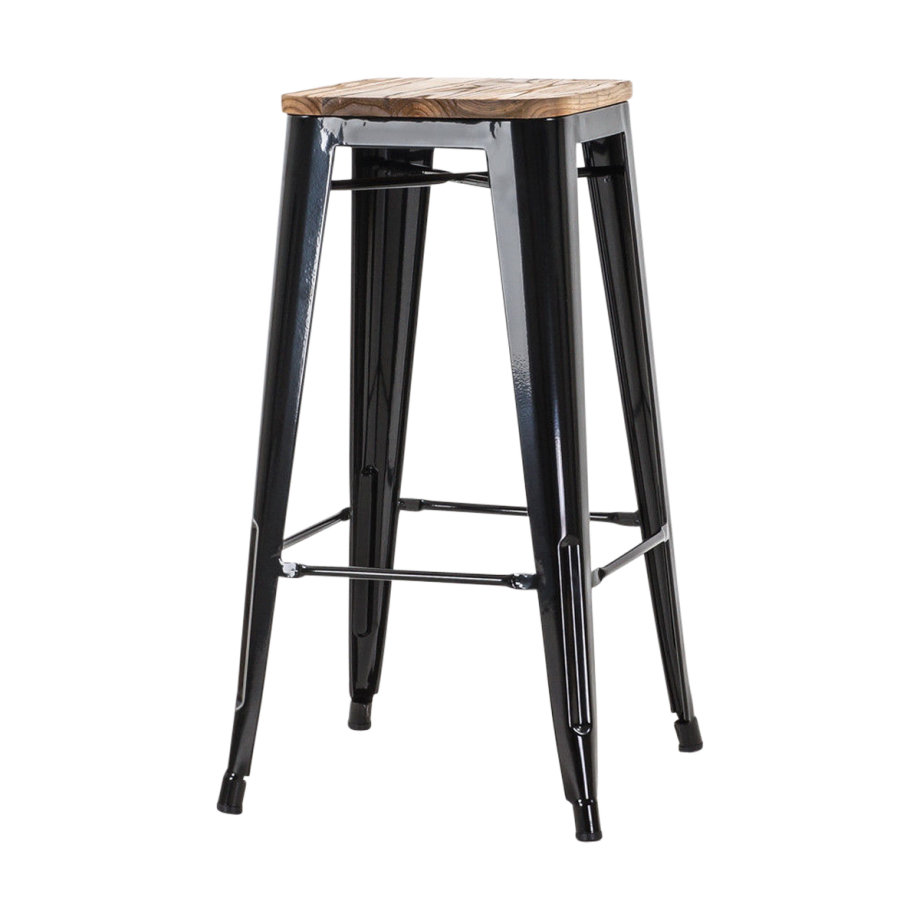 Metalen barkruk zwart - met houten zitting - 77 cm afbeelding 1