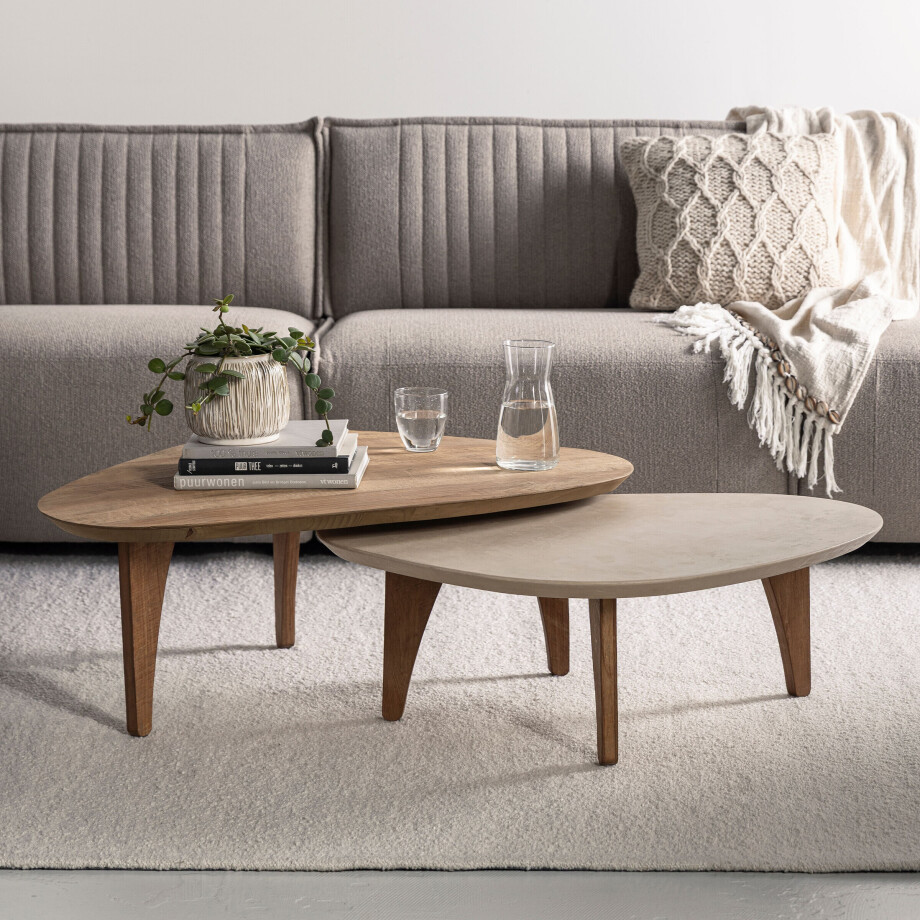 DTP Home Organische Salontafel 'Bliss' Set van 2 stuks, Mortex en Teakhout, 100 x 70cm afbeelding 