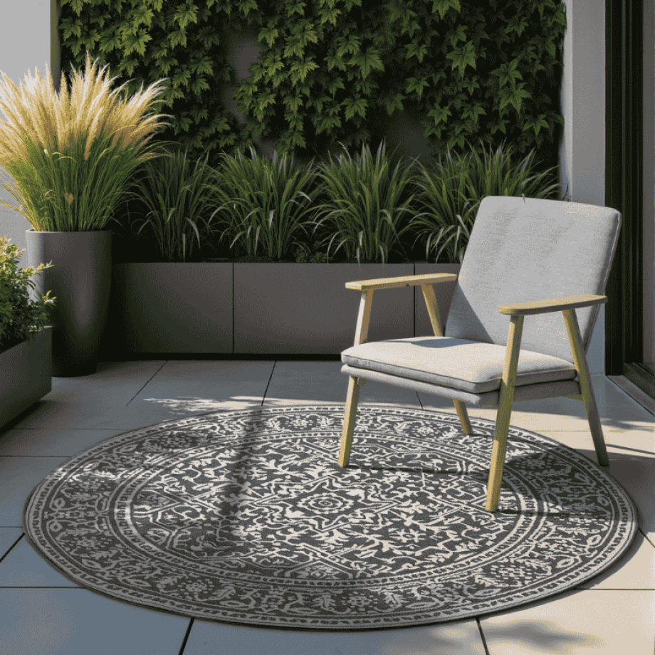 Dubbelzijdig Buitenkleed Kona Rond - Zwart Xcm - - Dekbed-Discounter.nl Dubbelzijdig Buitenkleed Kona Rond - Zwart Xcm - - Dekbed-Discounter.nl afbeelding