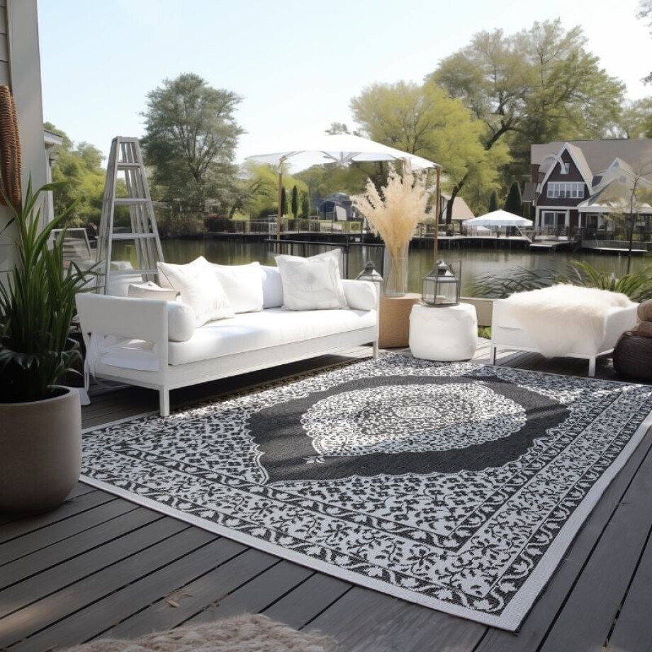 Dubbelzijdig Buitenkleed Meekly - Zwart 150x80cm - Polypropyleen - Dekbed-Discounter.nl Dubbelzijdig Buitenkleed Meekly - Zwart 150x80cm - Polypropyleen - Dekbed-Discounter.nl afbeelding 1