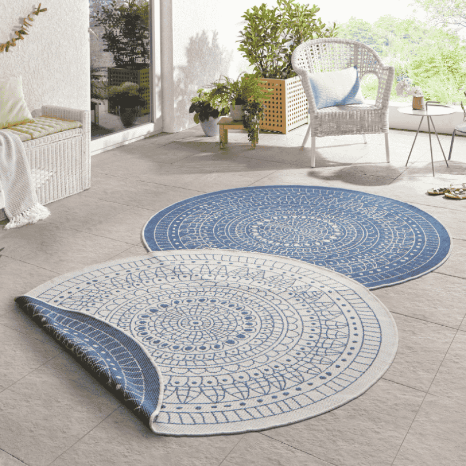Dubbelzijdig Buitenkleed Porto Rond - Blauw Creme Xcm - - Dekbed-Discounter.nl Dubbelzijdig Buitenkleed Porto Rond - Blauw Creme Xcm - - Dekbed-Discounter.nl afbeelding