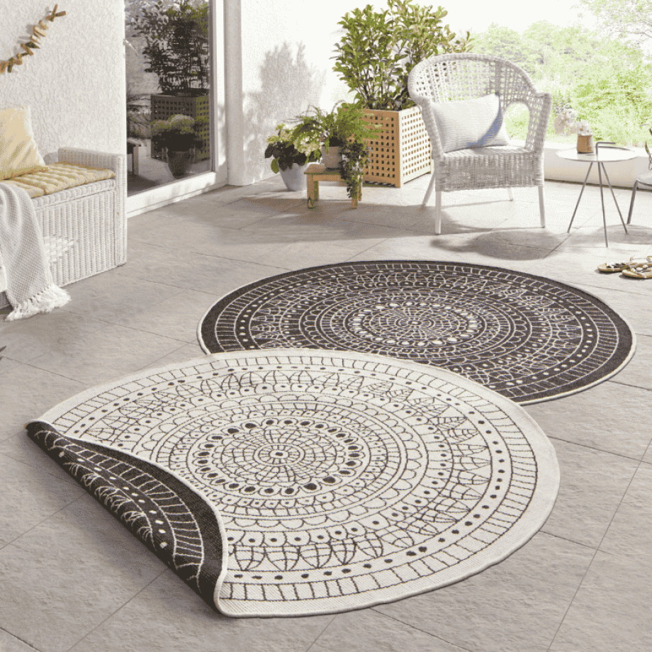 Dubbelzijdig Buitenkleed Porto Rond - Zwart Creme Xcm - - Dekbed-Discounter.nl Dubbelzijdig Buitenkleed Porto Rond - Zwart Creme Xcm - - Dekbed-Discounter.nl afbeelding