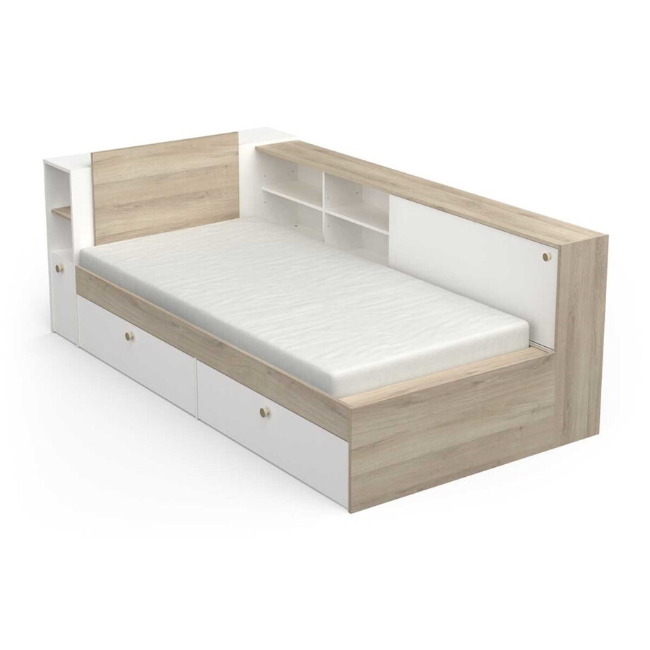 Eenpersoonsbed Life 90x190/200 cm wit met eiken Eenpersoonsbed Life 90x190/200 cm wit met eiken afbeelding 1