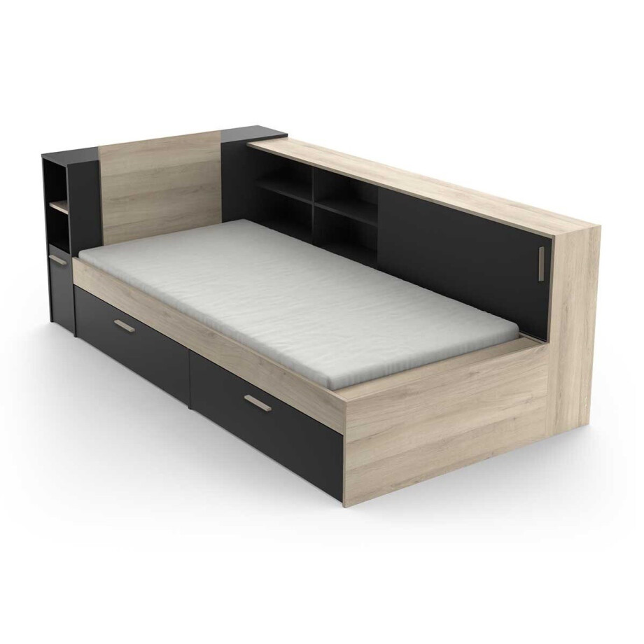 Eenpersoonsbed Life 90x190/200 cm zwart met eiken Eenpersoonsbed Life 90x190/200 cm zwart met eiken afbeelding 1