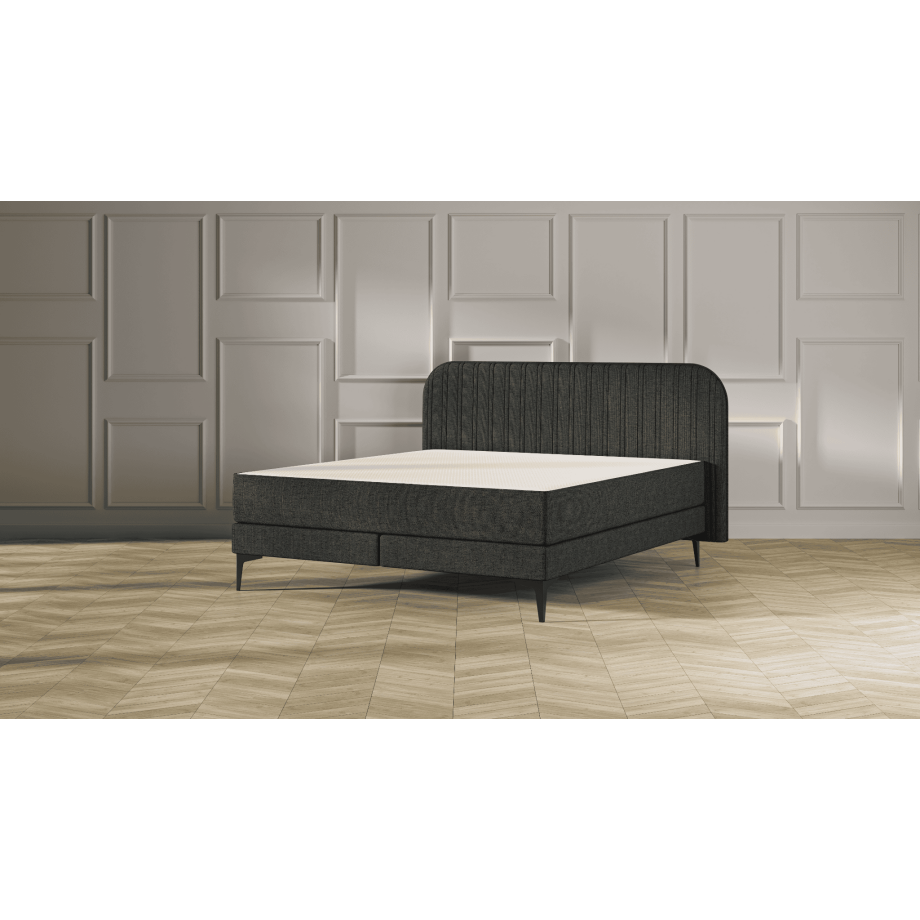 Emma Signature Boxspring Bed 180x200 - Donkergrijs - Strepen Hoofdbord - Zwart metaal Pootjes afbeelding 