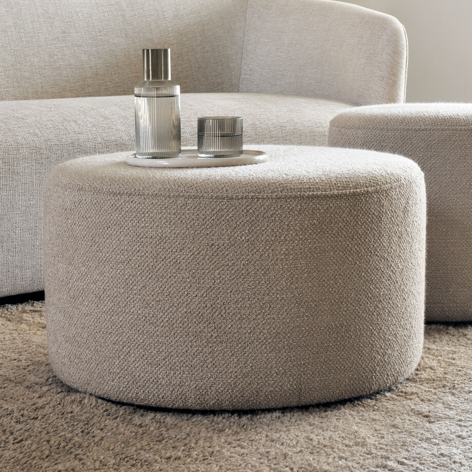 Ethnicraft Poef 'Barrow' 60cm, Structuurstof, kleur Off White Ethnicraft Poef 'Barrow' 60cm, Structuurstof, kleur Off White afbeelding 1