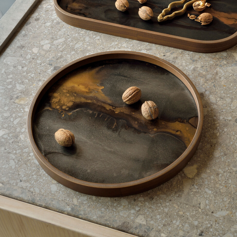 Ethnicraft Rond Dienblad 'Linear Flow' 30cm, kleur Brons afbeelding 