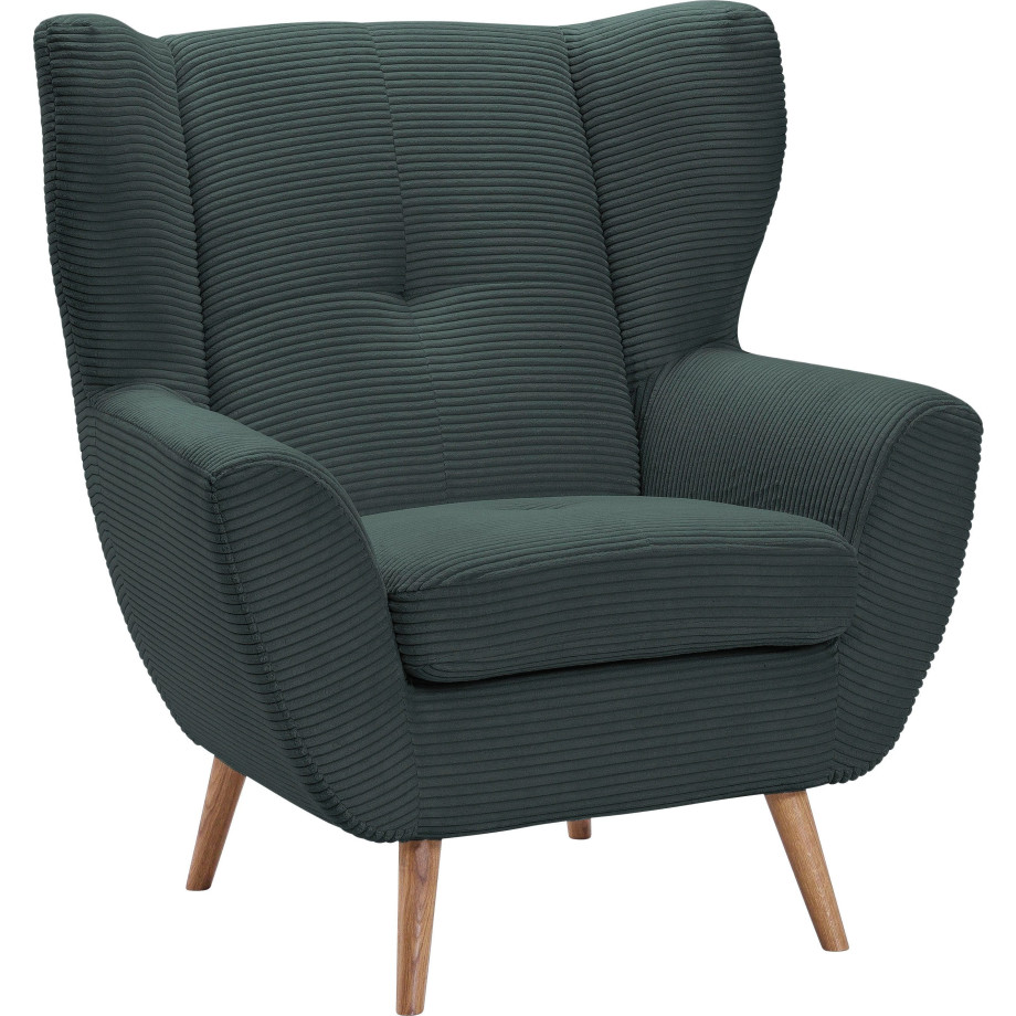 exxpo - sofa fashion Fauteuil ALVESTA, oortstoel, loungesofa met hoog zitcomfort gezellige rugleuning, met knoopstiksels en hoge houten voeten, in cord afbeelding 