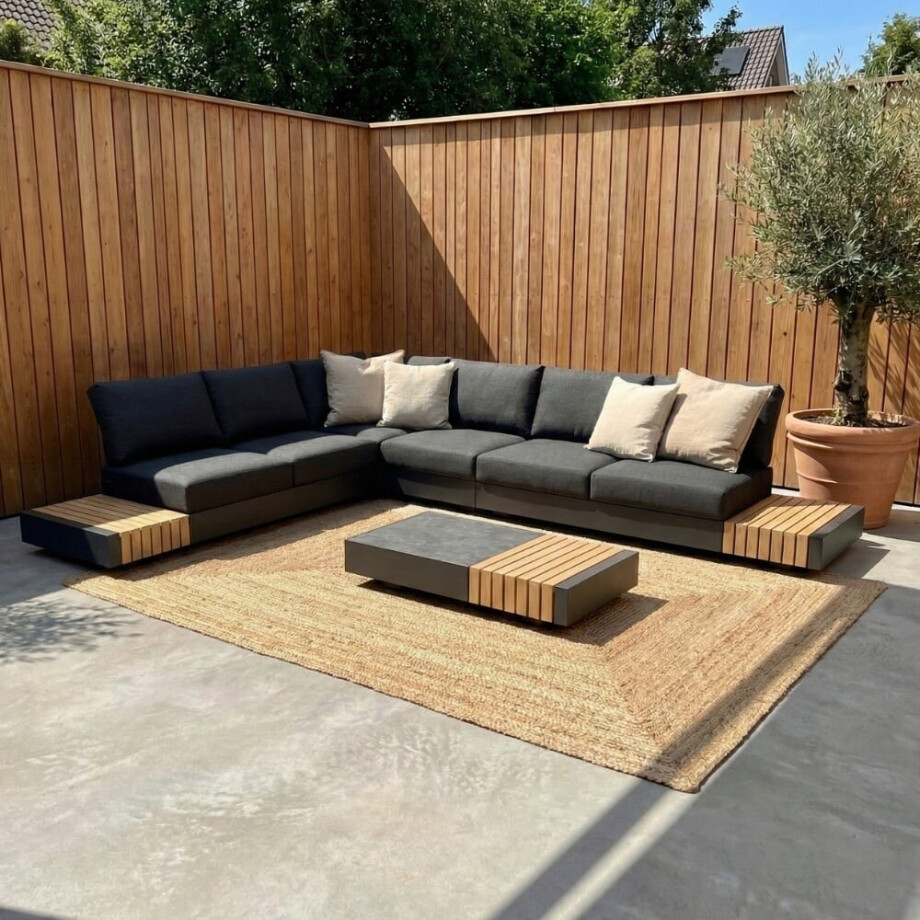 Verona hoek loungeset met all weather kussens 6 personen | aluminium + teakhout | antraciet | 4-delig - 339x269cm afbeelding 1