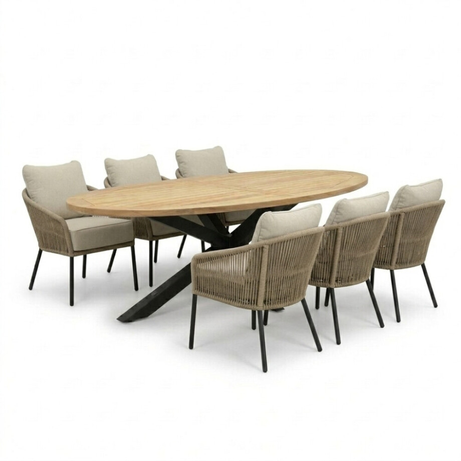 Cleve antraciet/Mara Sahara Dust low dining tuinset | 6 personen | sintered stone + touw | 240cm afbeelding 