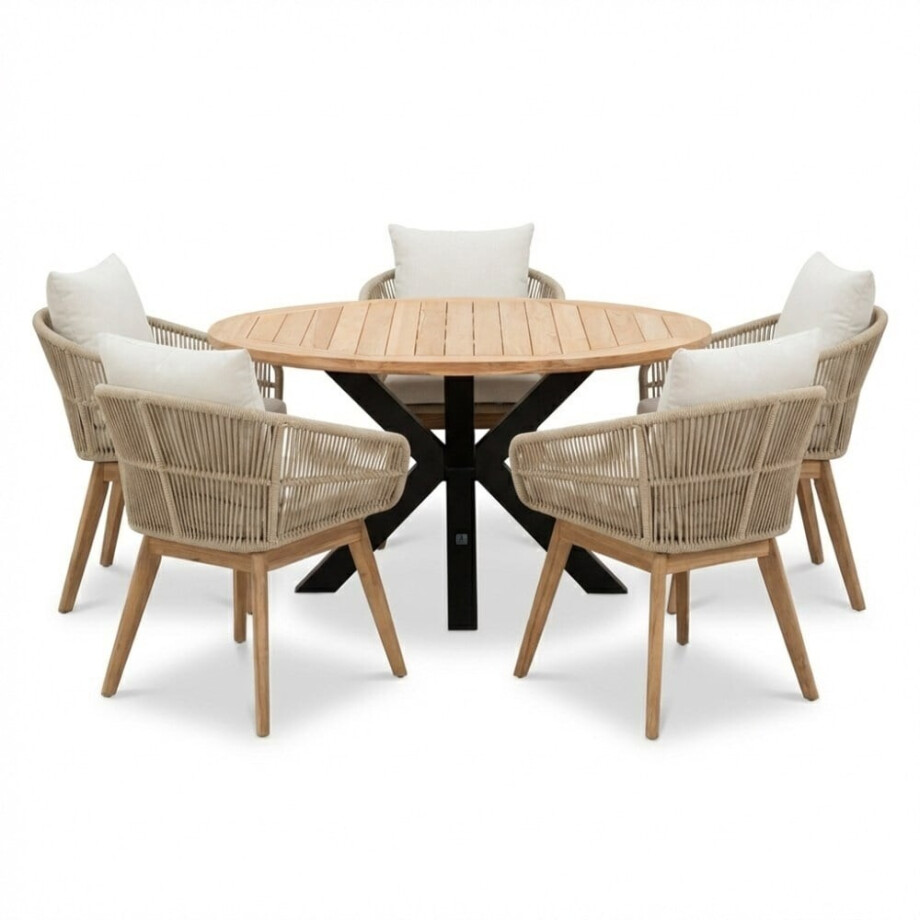 Cleve/Bella zand dining tuinset | 5 personen | teakhout + touw | 140cm rond afbeelding 