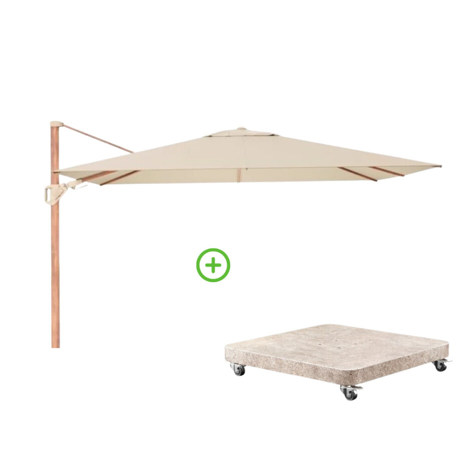 Challenger T² zweefparasol - premium doek | 260x350cm met Venezia rond parasolvoet 90kg | Champagne/Teak look Challenger T² zweefparasol - premium doek | 260x350cm met Venezia rond parasolvoet 90kg | Champagne/Teak look afbeelding 1